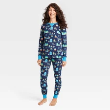 Women's Hanukkah Lions Print Matching Family Pajama Set S Small Navy Blue