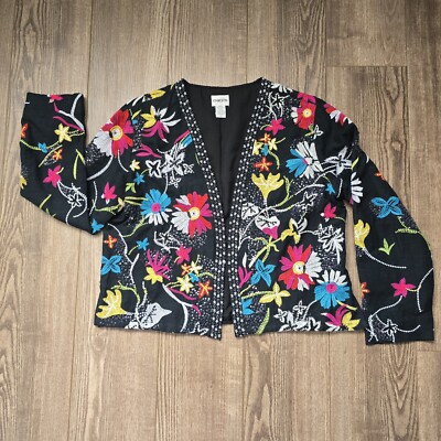 CHICO'S Jacket Womens S/M Black Blazer Floral Embroidered Beaded Boho Festival