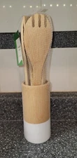 New, 7 Piece Wooden Bamboo Kitchen Utensil Set Spatula Slotted Spoon Holder