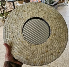 Beautiful 14" Faux? Mother Of Pearl 1/2" Buttons Black Lacquer Wood Round Mirror