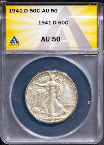 1941-D 50c Silver Walking Liberty Half-dollar AU 50 ANACS # 7577368 + Bonus