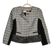 Banana Republic Tweed Blazer Womens Size 6 Black White Jacket Pockets Zip Snap