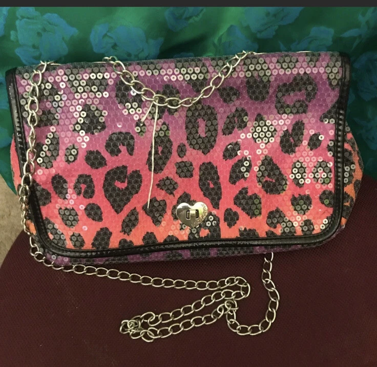 betsey johnson purse Pink Orange Leopard Print Bling With Chain Strap