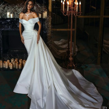 Satin Elegant Mermaid Wedding Dresses with Over Skirt Beading Pleat Bridal Gowns