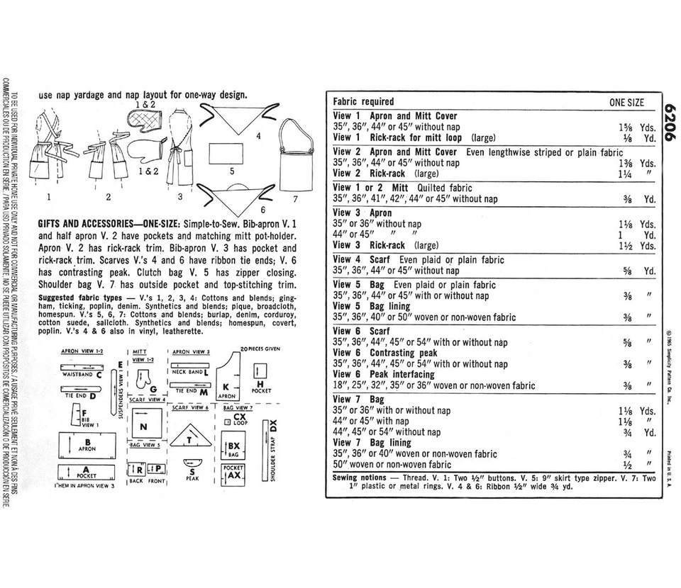 Simplicity 6206 EASY Apron Scarf Bandana Smock Oven Mitt Bag Purse Pattern - Image 4 of 4