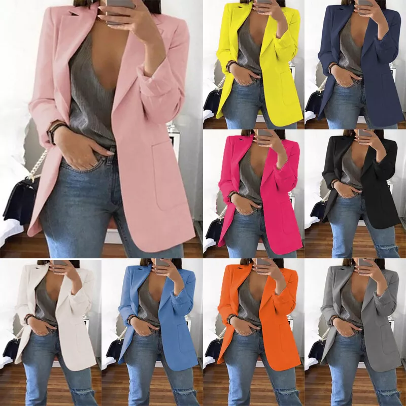 Women's Long Collar Blazer Suit Jacket Ladies Formal Slim Coat Cardigan  Outwear/