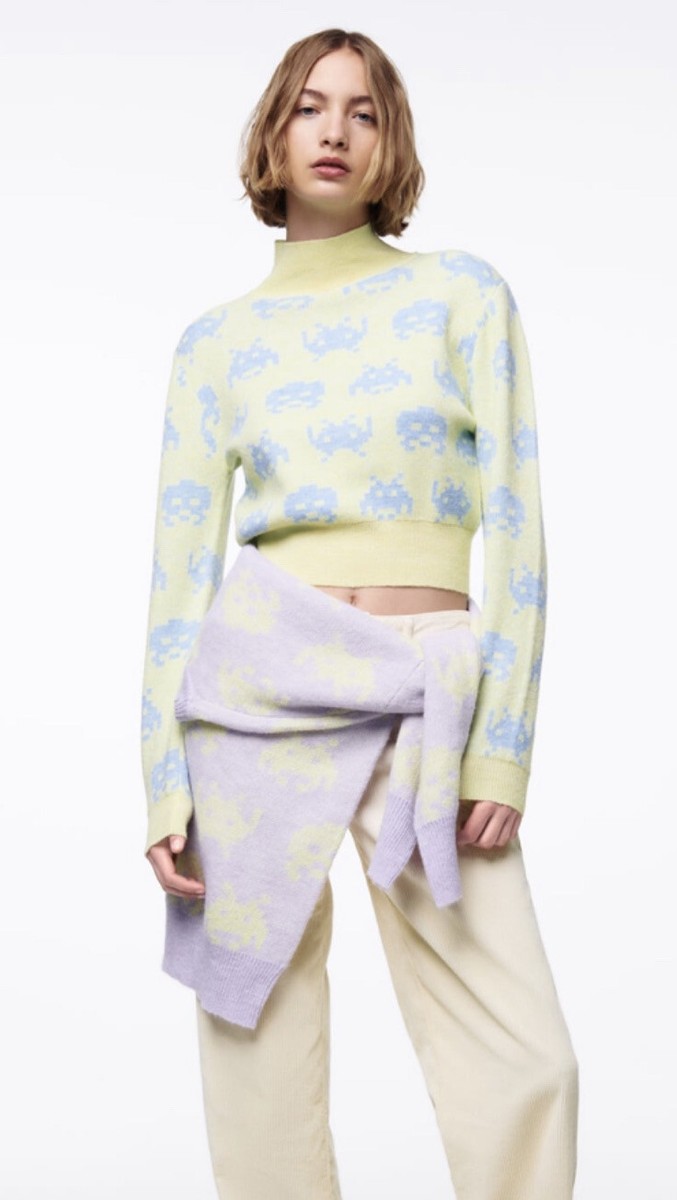 小物 SARA Zara Women Lime Green Cropped Jacquard Space Invaders Taito