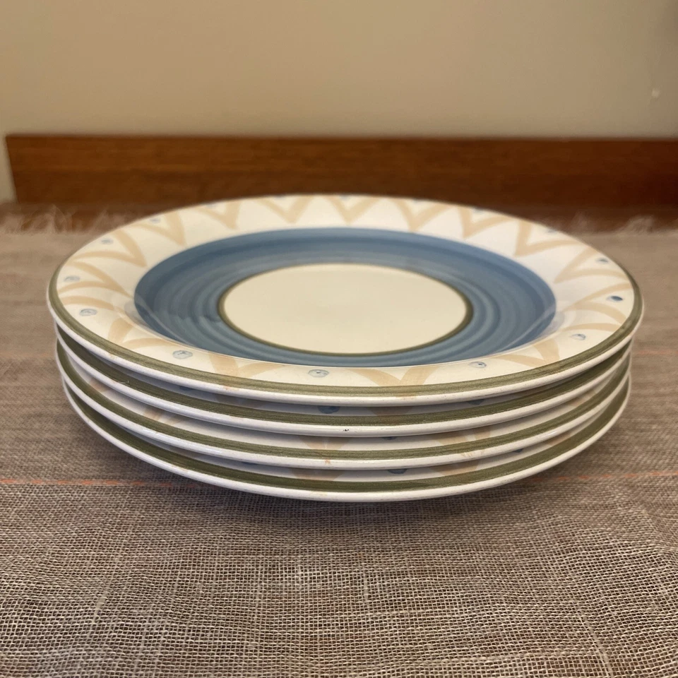 Gibson Dinnerware 7 3/4” Salad plate Blue Stripe Dot Taz Zig Zag Rare Set of 4 - Image 4 of 4
