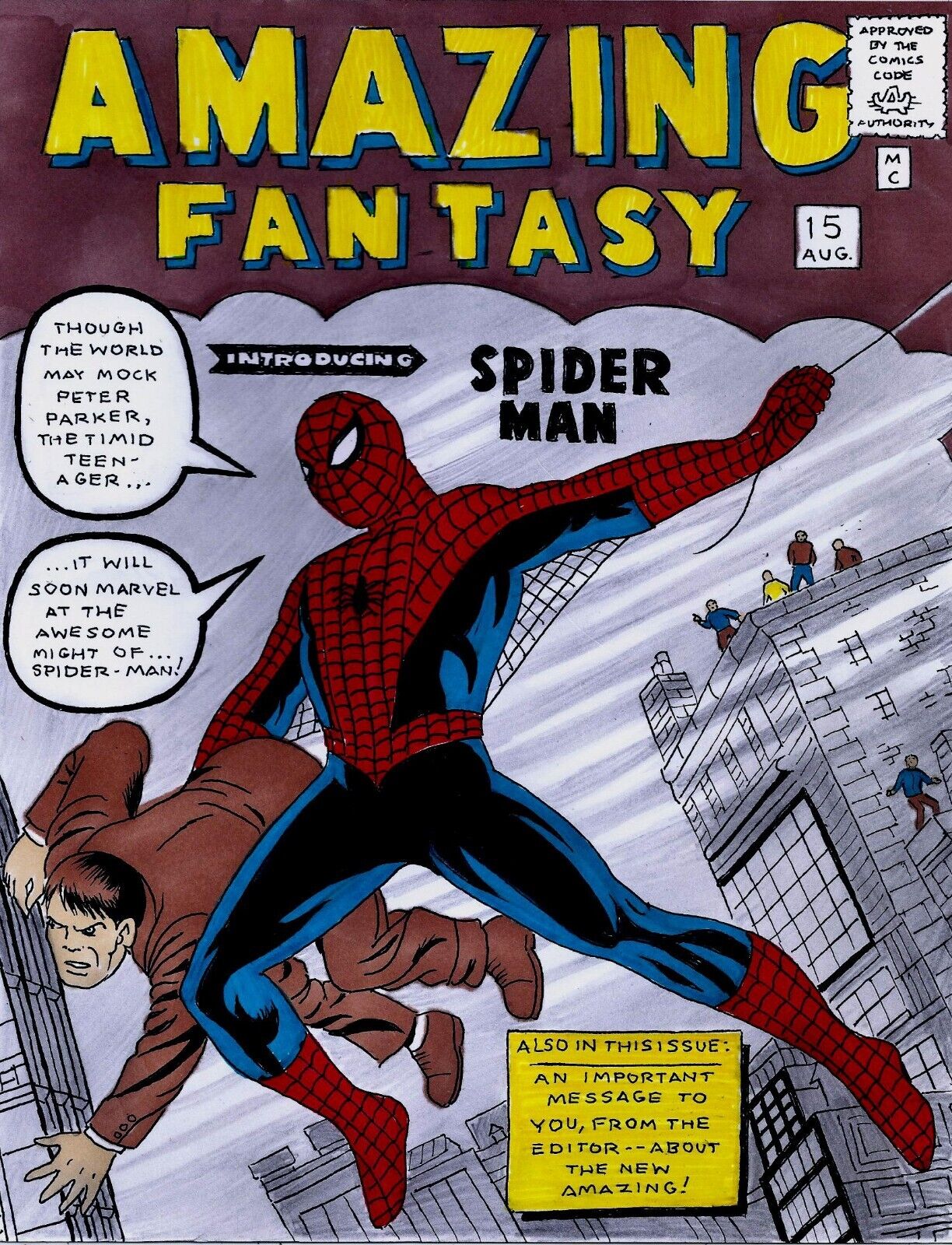 AMAZING FANTASY # 15 COVER RECREATION 1ST SPIDER-MAN ORIGINAL COMIC COLOR  ART