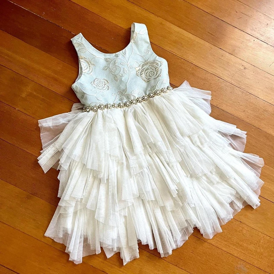 Vestido formal American Princess Fairy marfim saia e corpete metálico azul-petróleo, tamanho 4T - Imagem 2 de 4