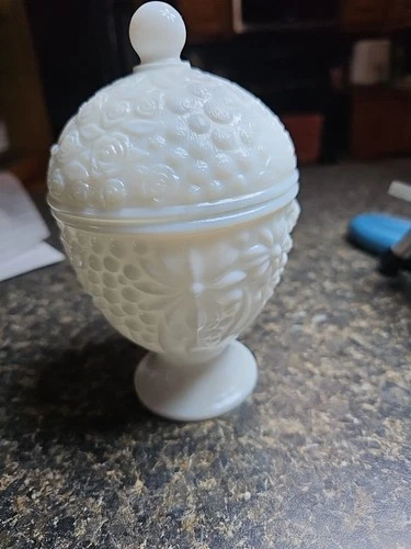Vintage Avon White Milk Glass Pedestal Candy Dish with Lid Beautiful Piece