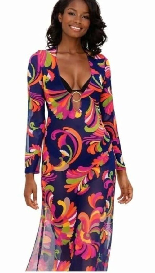NWT Trina Turk Women's S Maxi Long Cover-Up Dress Mod Multi Sheer Resortwear
