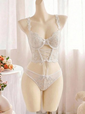 2Pcs Sexy Women Floral Embroidery Sheer Mesh Lingerie Set For Cheap24