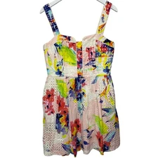 Trina Turk Dress Womens 10 White Floral Colorful Eyelet Fit Flare Party Mini