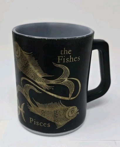 Vintage Federal Glass PISCES Coffee Mug Black & Gold Astrology Zodiac The Fishes