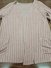 Womens Pink Ribbed Open Front Cardigan Sweater Soft Knit Long Sleeve 2XL Pockets