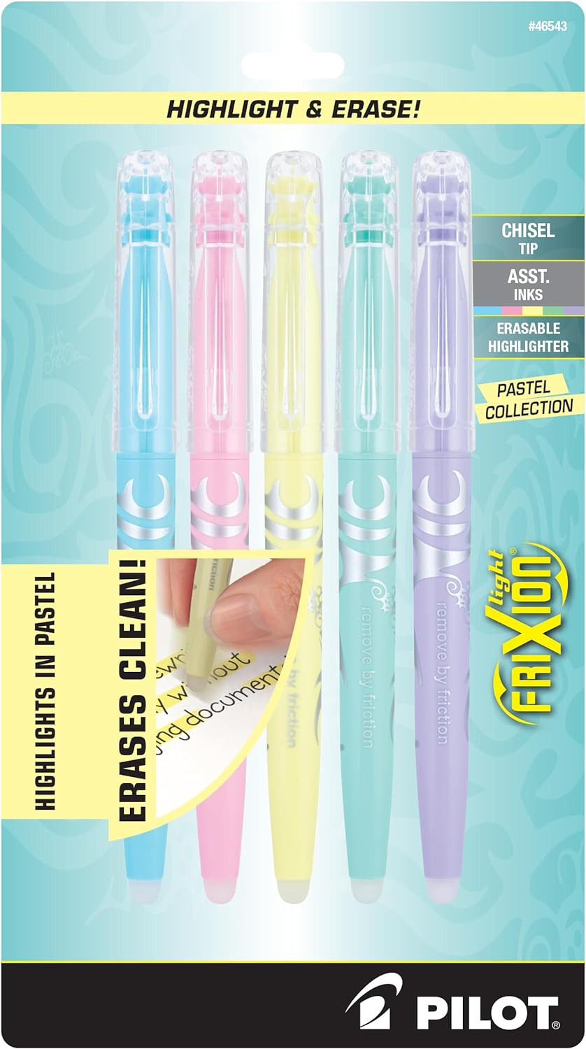 Frixion Light Pastel Erasable Highlighters, Chisel Tip, Pack of 5, Blue, Pink, Y