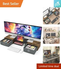 Sturdy Dual Monitor Stand with Two Drawers - Max 100 lb Capacity, Rustic Charm