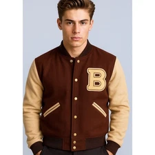 Men’s Hotline Miami Varsity Jacket B Logo Wool Bomber with Real Leather Sleeves