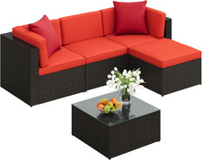 Stylish Red 5-Piece Patio Furniture Set with Cushions Glass Table
