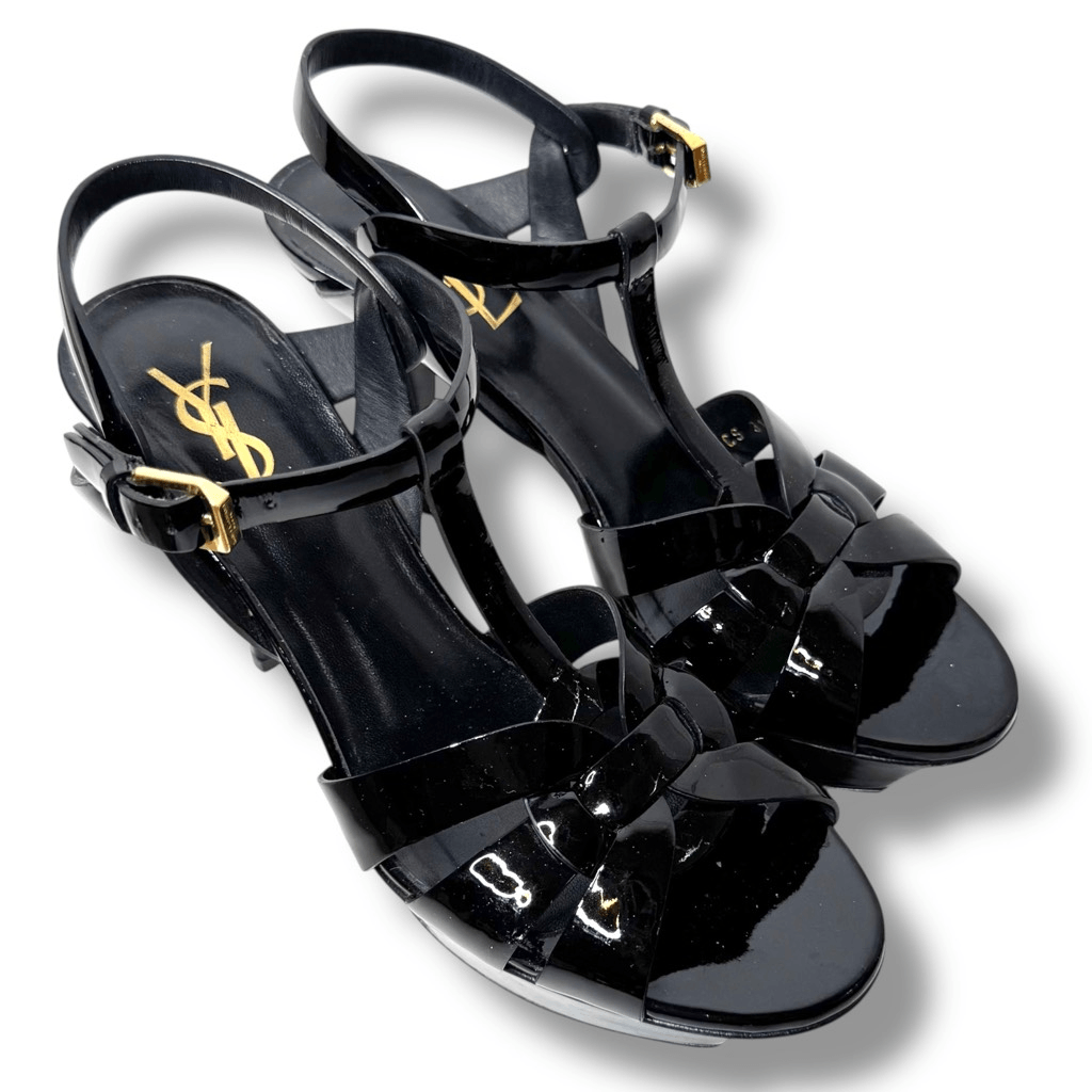 Sandali con tacco alto Saint Laurent Tribute neri in vernice plateau misura 37 5