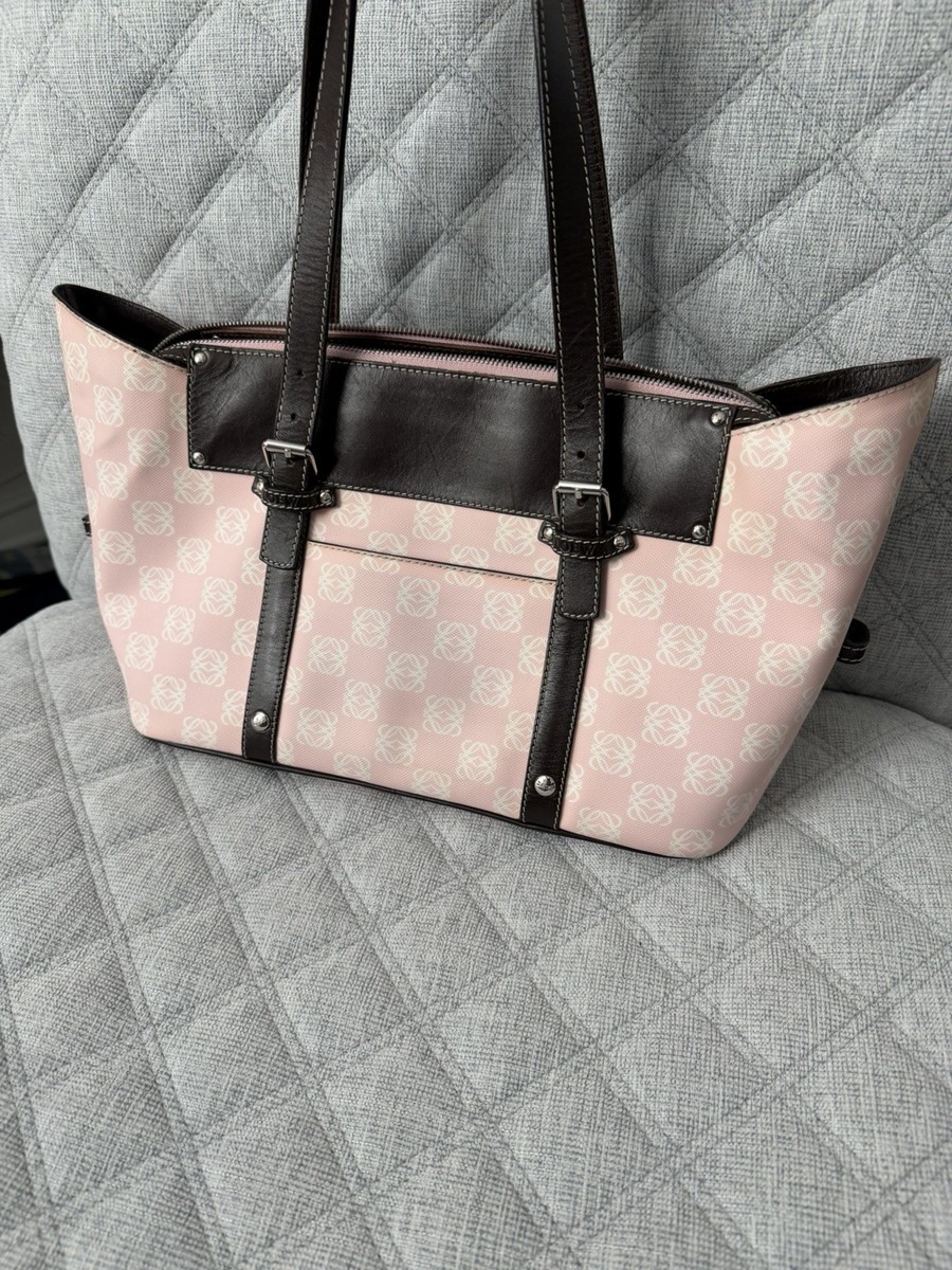 Auth Loewe Anagram LOGO Canvas Coated Leather Light Pink Shoulder