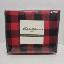 EDDIE BAUER Full/Queen 100 COTTON Red Black Plaid Duvet Shams Set - NEW