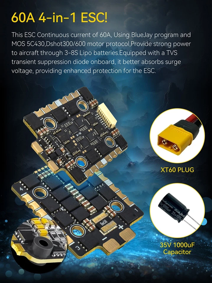 9IMOD F722  Mini Flight Stack FC 60A ESC  Gyro  For 3-8S RC FPV Racing Drone - Image 3 of 4