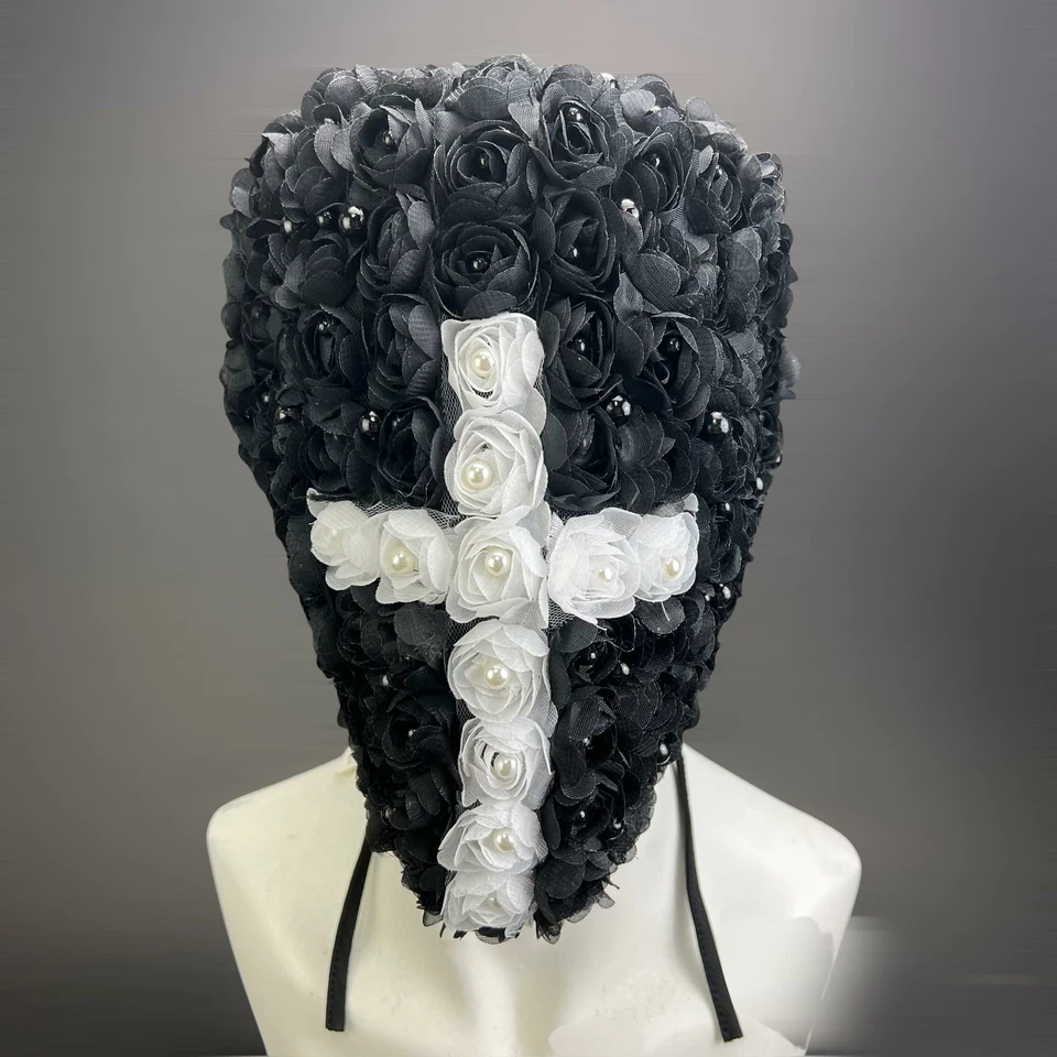 NEGRO TACHONADO BLANCO CROST FLORES CARA COMPLETA SOBRE LA CABEZA MÁSCARA ALTA COSTURA - Foto 2 de 4
