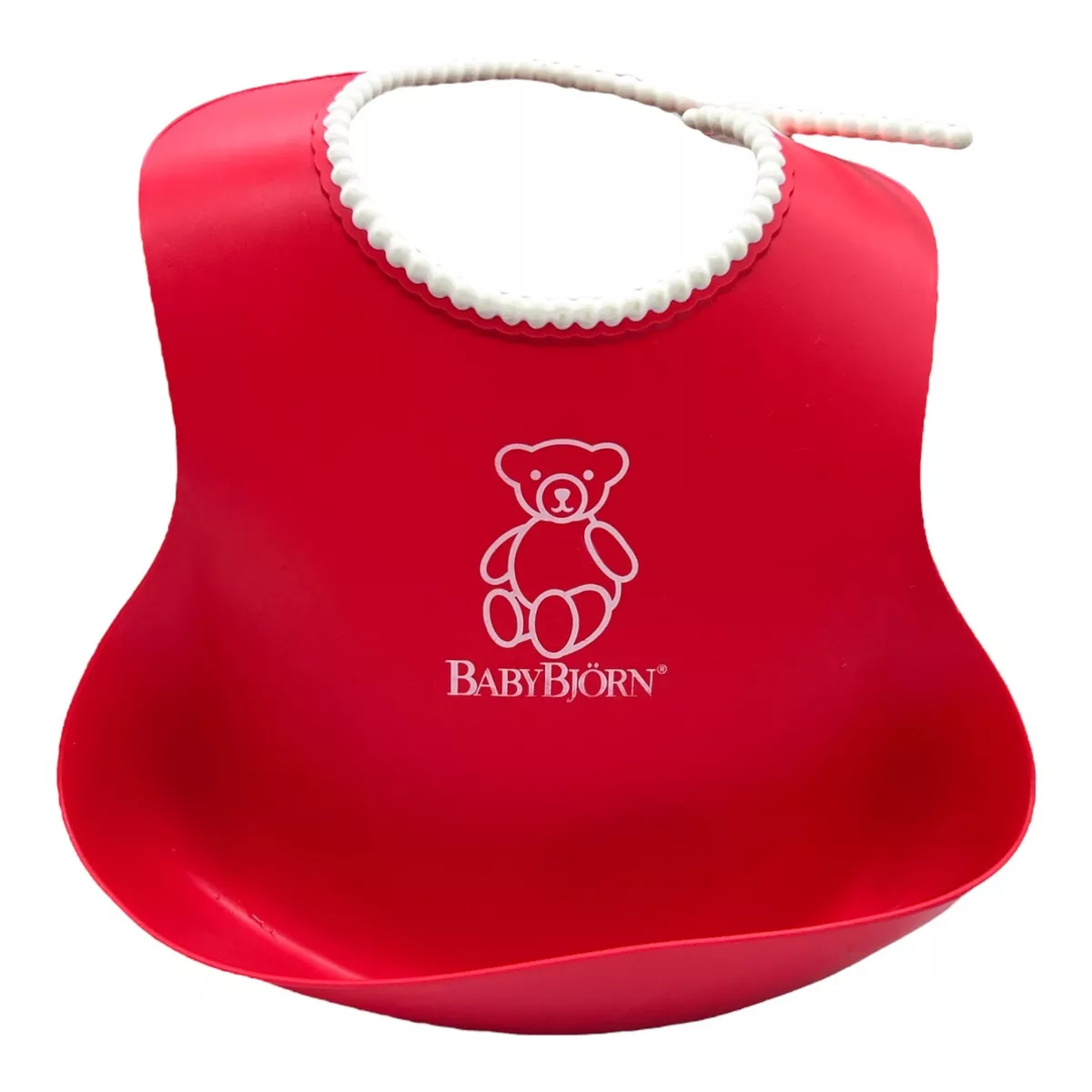 Baby Bjorn Food Catching Bib Plastic Red w White Beaded Rim Teddy