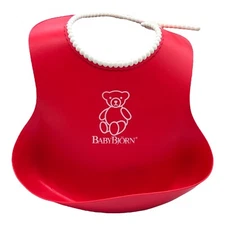 Baby Bjorn Food Catching Bib Plastic Red w White Beaded Rim Teddy Bear