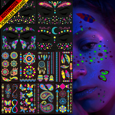 12 Blatt Temporäre Tattoos Neon UV Schwarzlicht Party Leucht Fluoreszierend Kleb