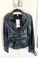 Zara Black Faux Leather Shirt With Pleated Gathered Details XS BNWT LAST ONE