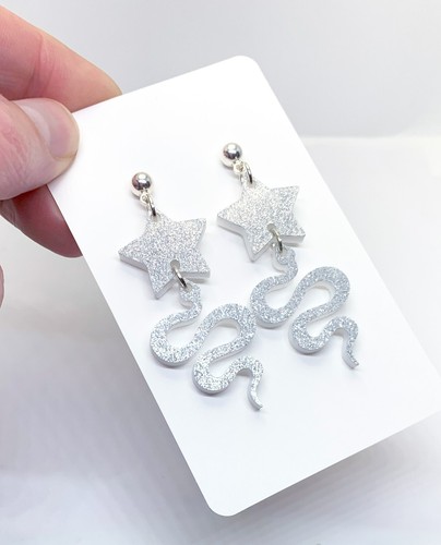 Stars and Snakes, Glittery Acrylic Earrings, Stainless Steel Studs - Picture 5 of 5