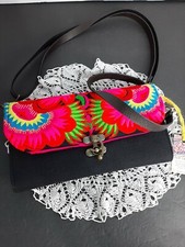 Embroidered Cross-body Purse Handbag Black Bright Floral 8.75in L 5in T 1.5 in D