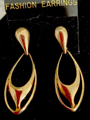 Wunderschöne New Old Stock Vintage Ohrringe auf Karte goldfarben baumelt 2 1/8 Zoll - Bild 1 von 7