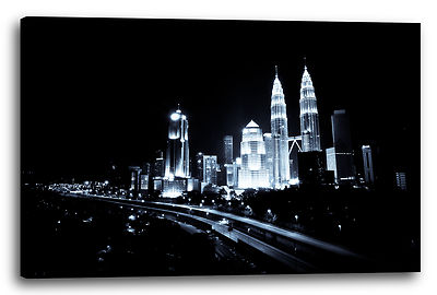 Lein-Wand-Bild Fantasy-City at night modern art black white Städtebilder Skylin