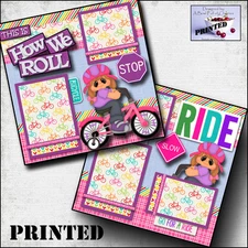 HOW WE ROLL ~ BICYCLE GIRL printed 2 premade scrapbook pages paper layout CHERRY