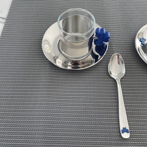 Inoxpran 18/10 Pyrex 2 Demitasse 3Piece Sets Cups Saucers Spoons Blue Bows Italy - Picture 4 of 13