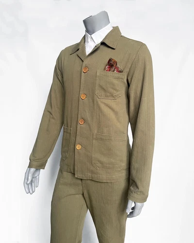 French Workwear Suit Faded Herringbone Green Cotton - All sizes.