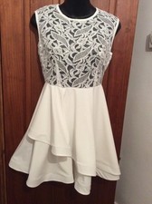 DRESS S BNWOT Beautiful Ecru Lace Top Mini Dress Small ASSYMETRIC Skater Skirt