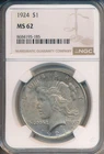 1924 PEACE SILVER DOLLAR **NGC CERTIFIED MS 62** SHIPS FREE!!