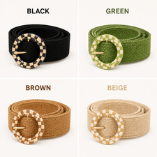 Women's Elastic Stretch Woven Belt Round Buckle Casual Waist Belt Fashion Dress 