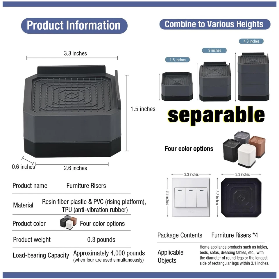 Подставки для дивана кресла, высокопрочные подъемные опоры, 4000 фунтов, серые - Изображение 2 из 4