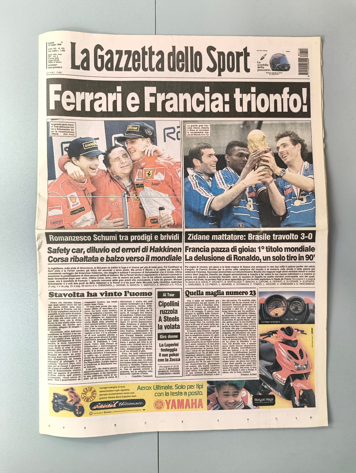 GAZZETTA DELLO SPORT 13 LUGLIO 1998 FRANCIA CAMPIONE DEL MONDO ZIDANE RONALDO
