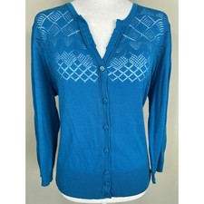 Cable  Gauge Button Front Cardigan Sweater Sz XL Open Knit Yoke Blue Feminine
