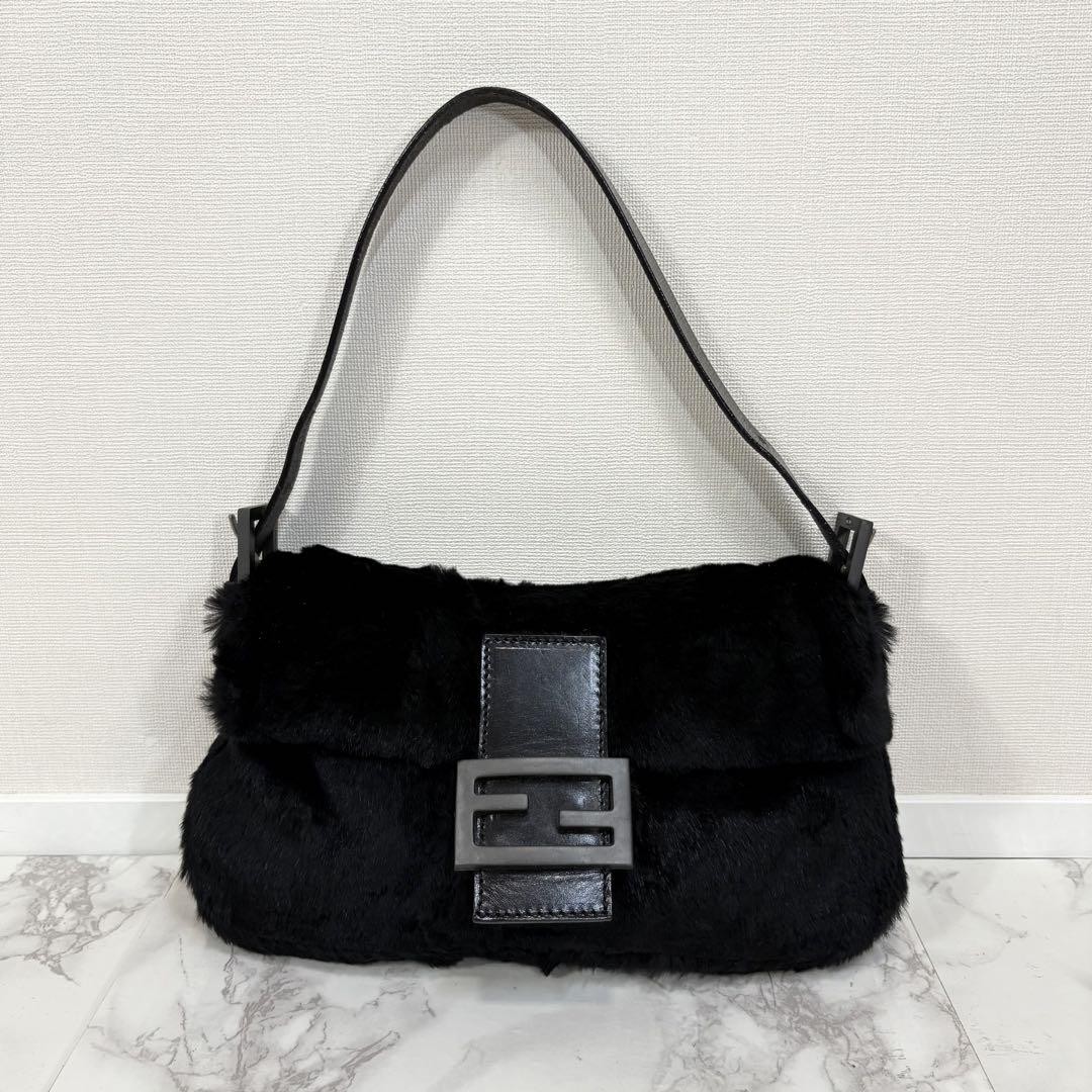 Vintage FENDI Mamma Baguette Black Fur Shoulder Bag Handbag Pre-Owned Authentic