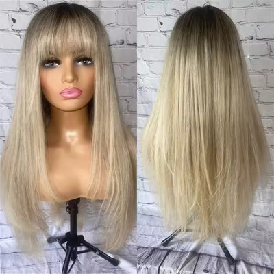 Ombre Platinum Blond Straight Wigs with Bangs 100% Human Hair None Lace 22inch