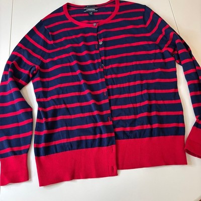 Lands' End Women's Red Navy Blue Striped Button-Front Cardigan Sweater