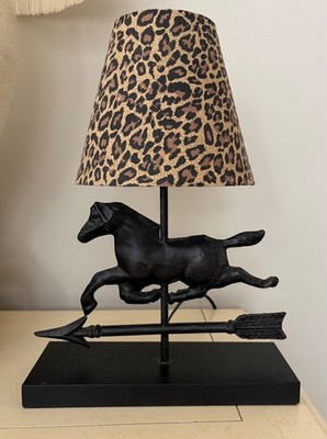 Horse & Weather Vane Metal Table Lamp w Leopard Shade. Works!